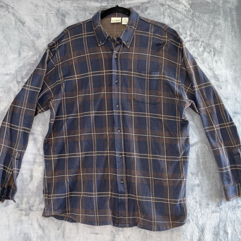 L.L. Bean Men‎ Brown Navy Sz L Long Sleeve Button Up 100% Cotton Stretch Vintage